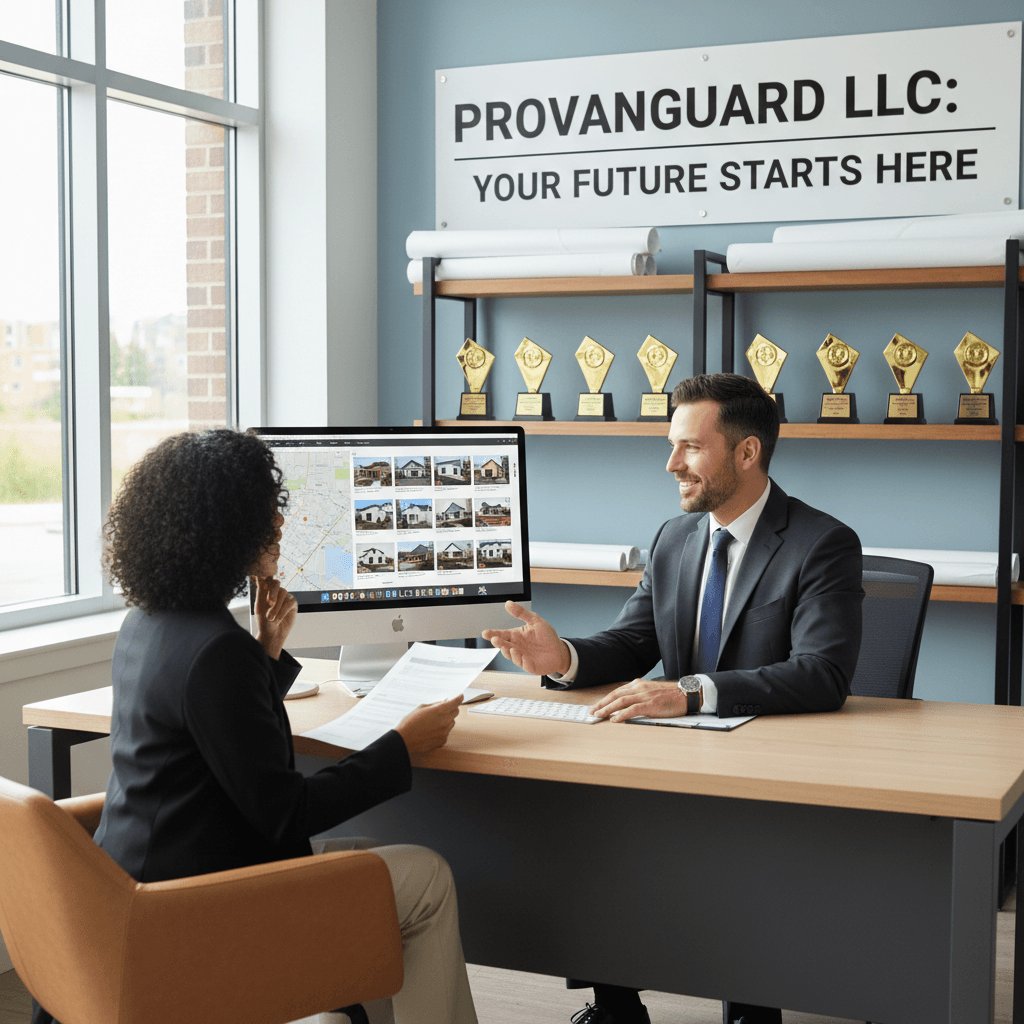 Professional man in a suit discusses real estate listings with a woman in an office.