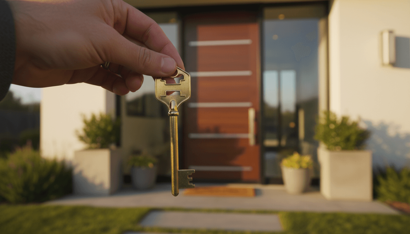 Hand holding a brass house key in front of a modern home entrance with warm sunlight