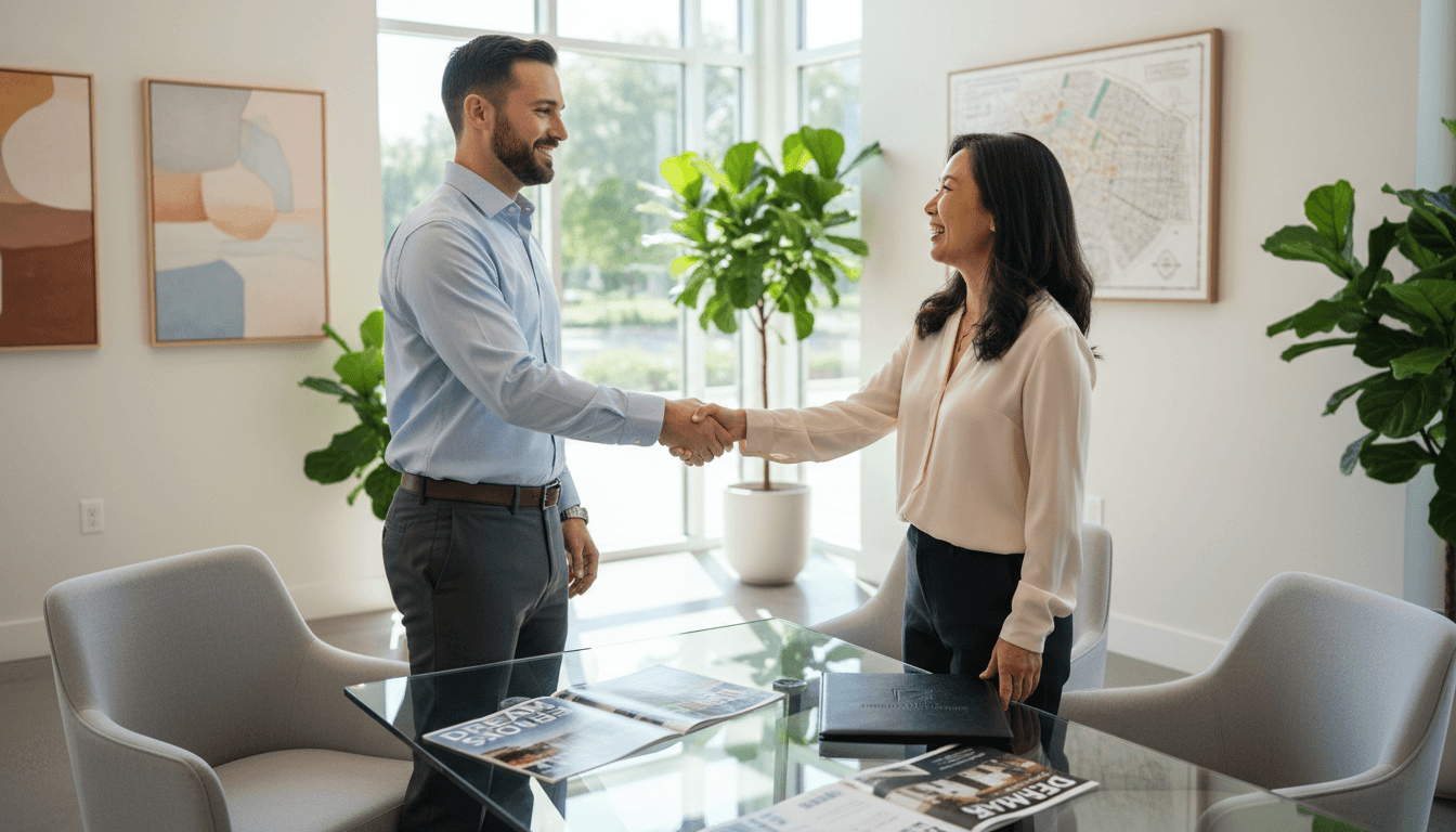 Real estate agent and client shaking hands in bright modern office during property consultation meeting