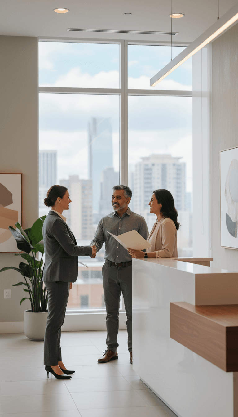 Real estate agent warmly greeting a diverse couple in modern bright office with city views