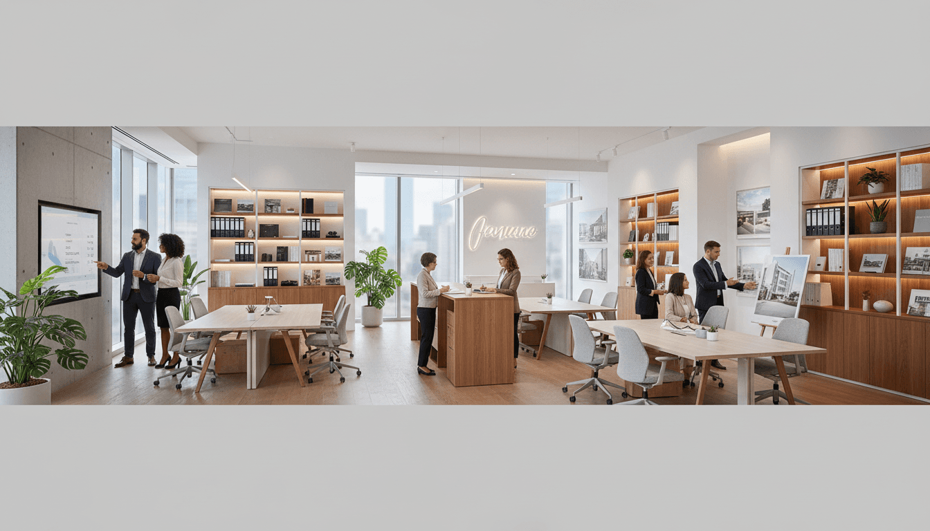 Diverse team of real estate professionals collaborating in bright modern office with digital property displays