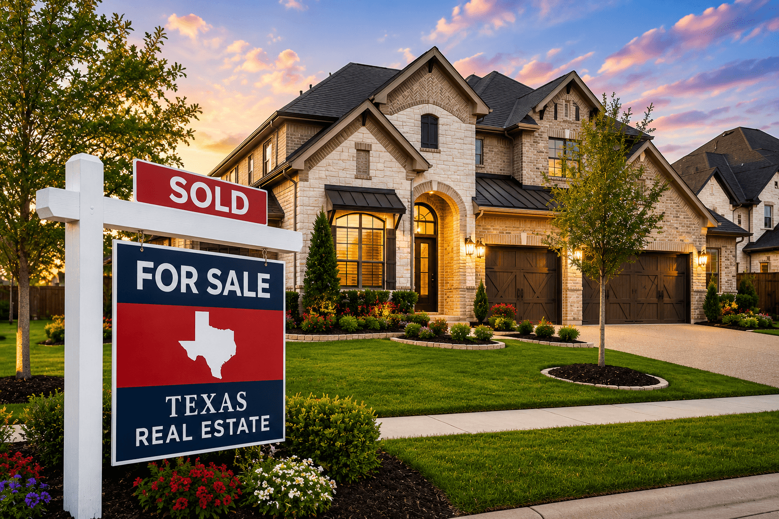 Large stone house at sunset with a 'SOLD' Texas real estate sign in front.